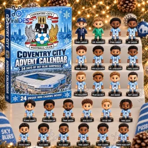 Front view of the Coventry City FC Advent Calendar box next to twenty-two player mini figurines.