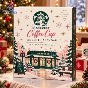 Front view of the Starbucks Coffee Cup Advent Calendar 2026 box with a winter storefront illustration.
