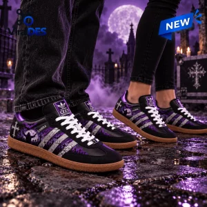 Side view of Adidas Ozzy Osbourne Samba Shoes featuring purple graveyard graphics and gum soles outdoors.