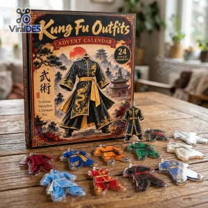 Front view of Kung Fu Outfits Christmas Advent Calendar box with 24 acrylic ornament pieces arranged on a wooden table.