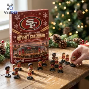 Front view of San Francisco 49ers NFL Advent Calendar with mini football player figurines on a wooden table.