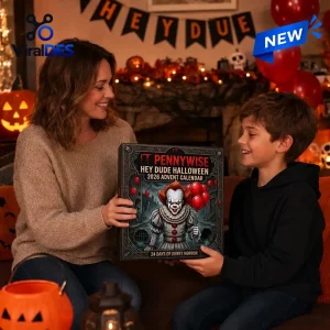 Front view of woman and boy holding the Pennywise IT Halloween Advent Calendar 2026 in a festive room.