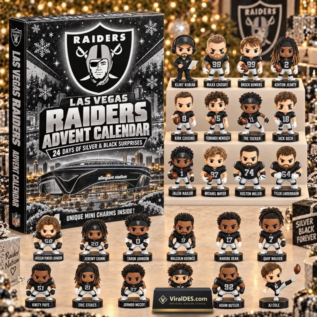 Las Vegas Raiders Advent Calendar 2026 collector box displayed beside all 24 miniature player and coach figurines on tiered shelves