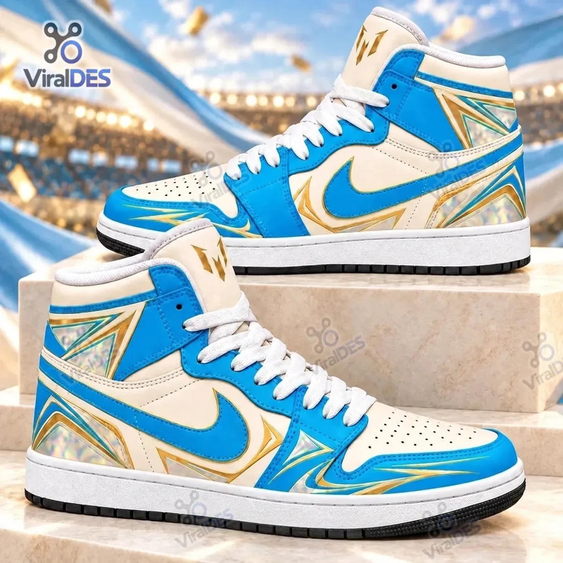 Stacked side profile of the Lionel Messi Air Jordan 1 High Top Sneakers displaying the gold M tongue crest, sky-blue Swoosh, and prismatic heel triangles