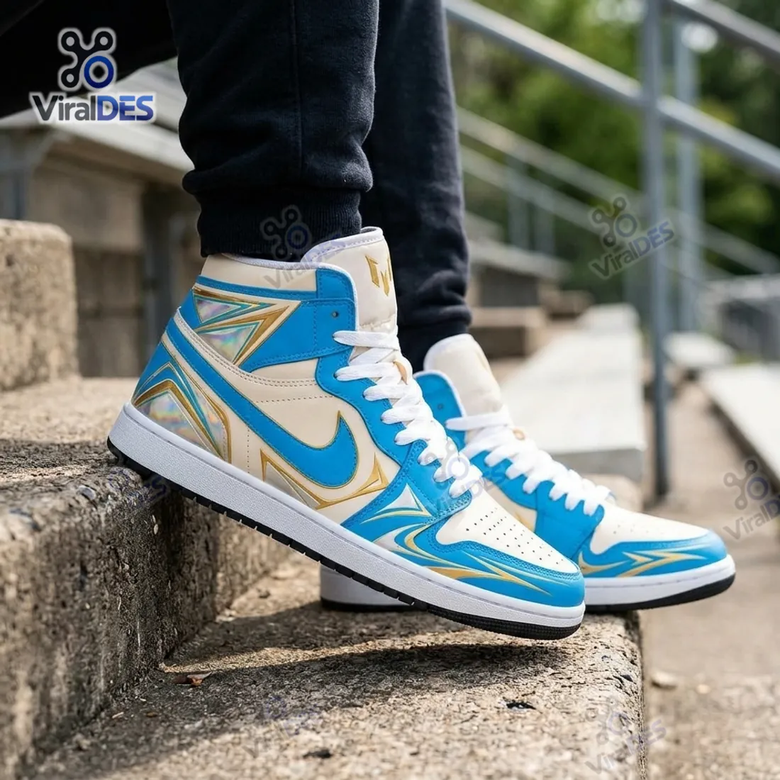 On-foot view of the Lionel Messi Air Jordan 1 High Top Sneakers worn with black joggers on concrete stadium steps