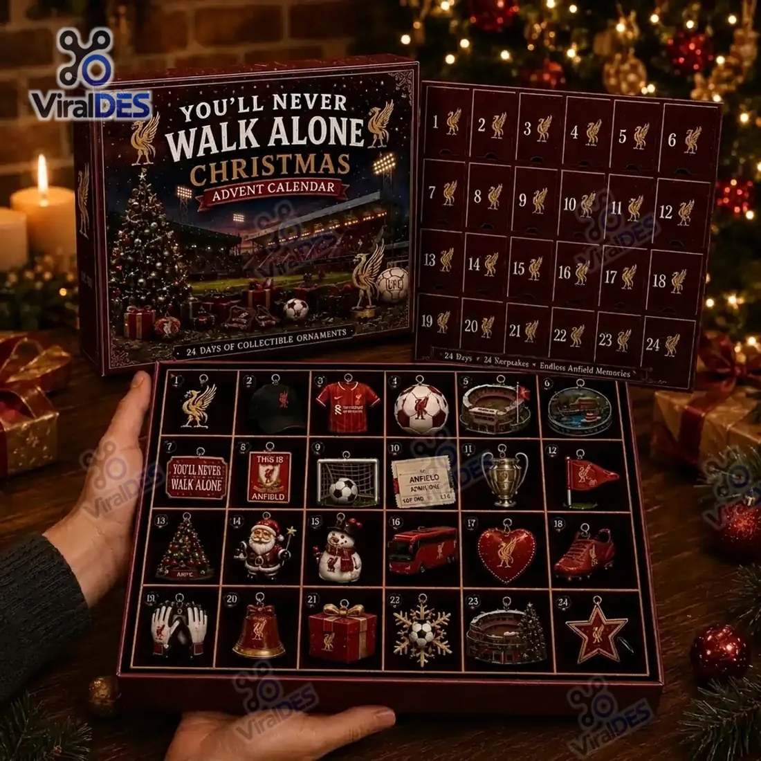 Liverpool FC Advent Calendar 2026 open tray displaying 24 miniature 3D hanging ornaments and numbered burgundy doors