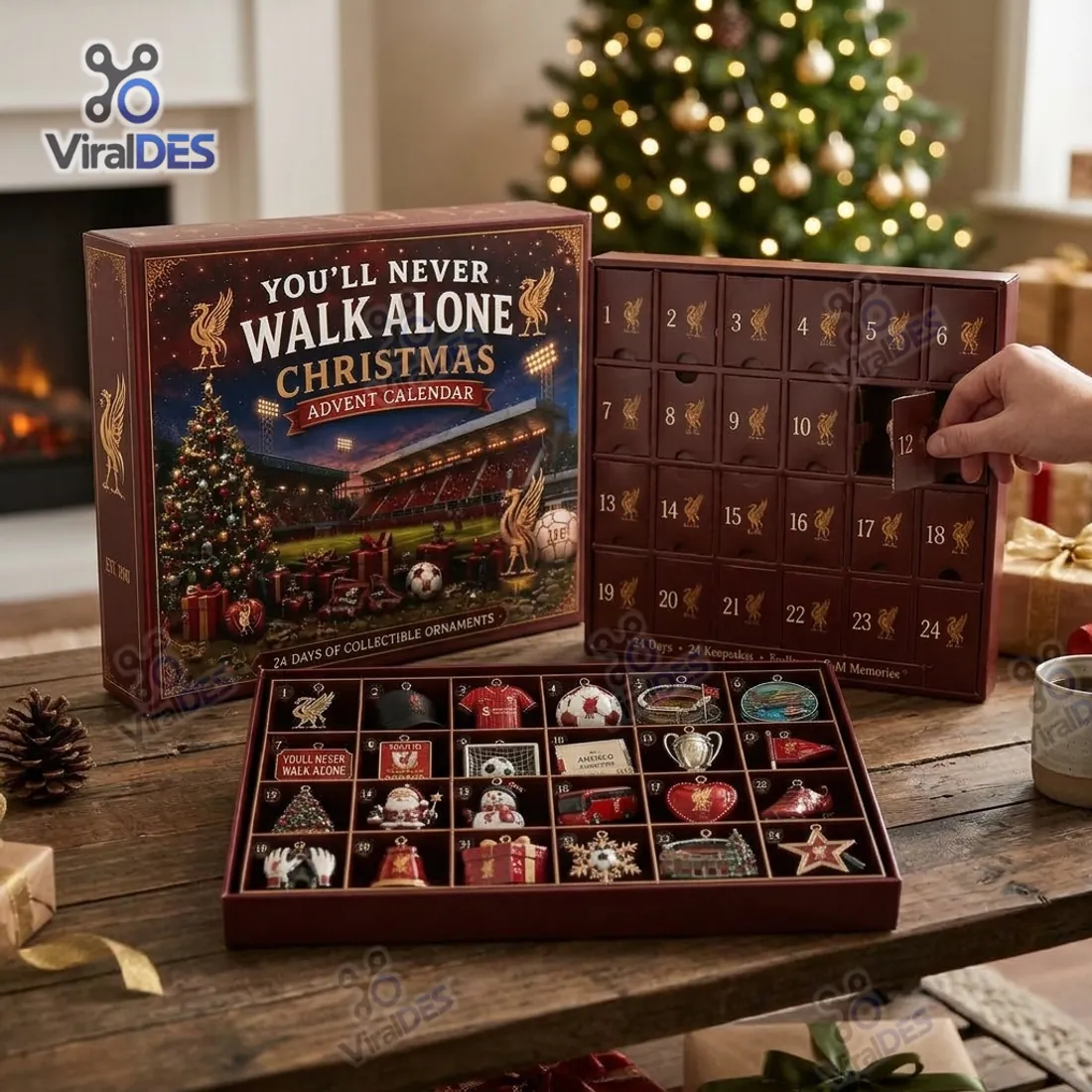 Opening door 12 on the Liverpool FC 2026 Christmas Advent Calendar alongside the Est 1892 box spine