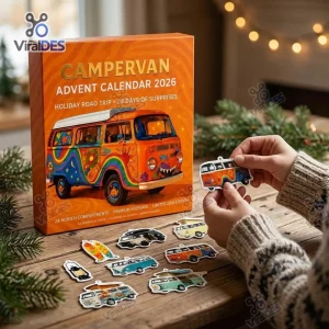 Close-up view of hands holding a campervan shaped ornament next to the holiday road trip advent calendar box.