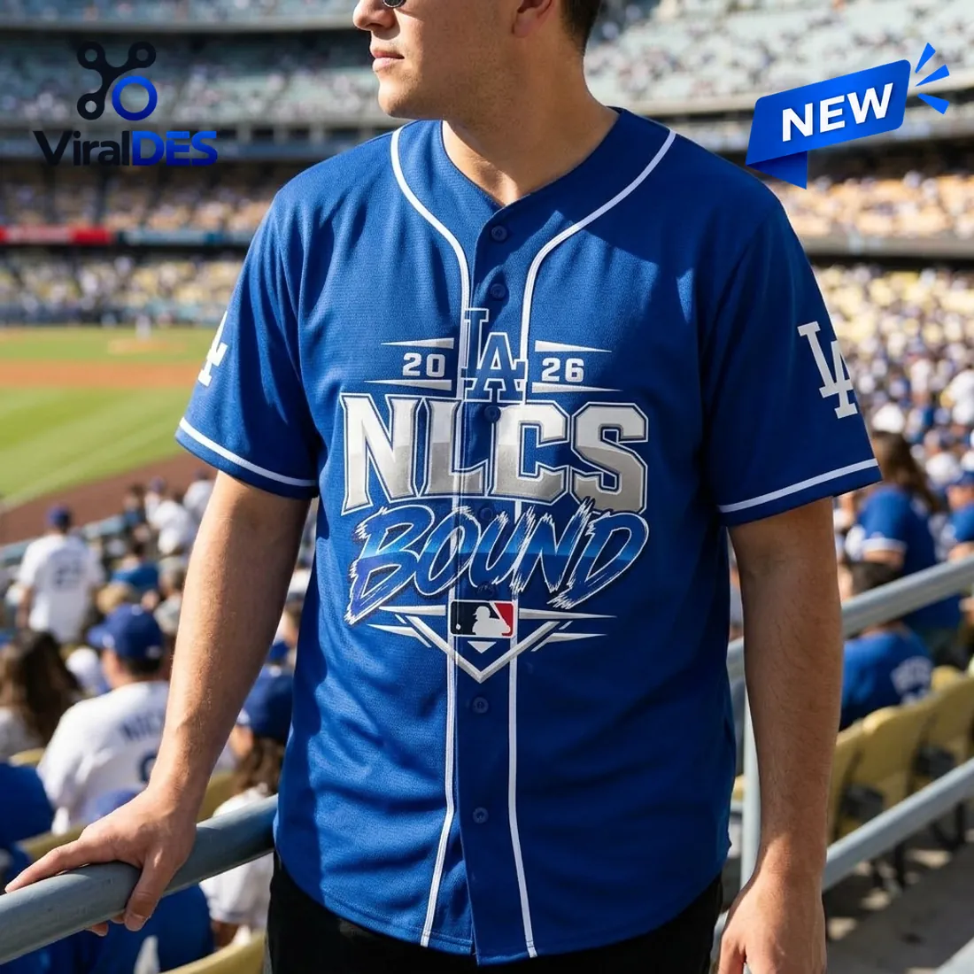 Los Angeles Dodgers 2026 NLCS Baseball Jersey shown in streetwear outfit