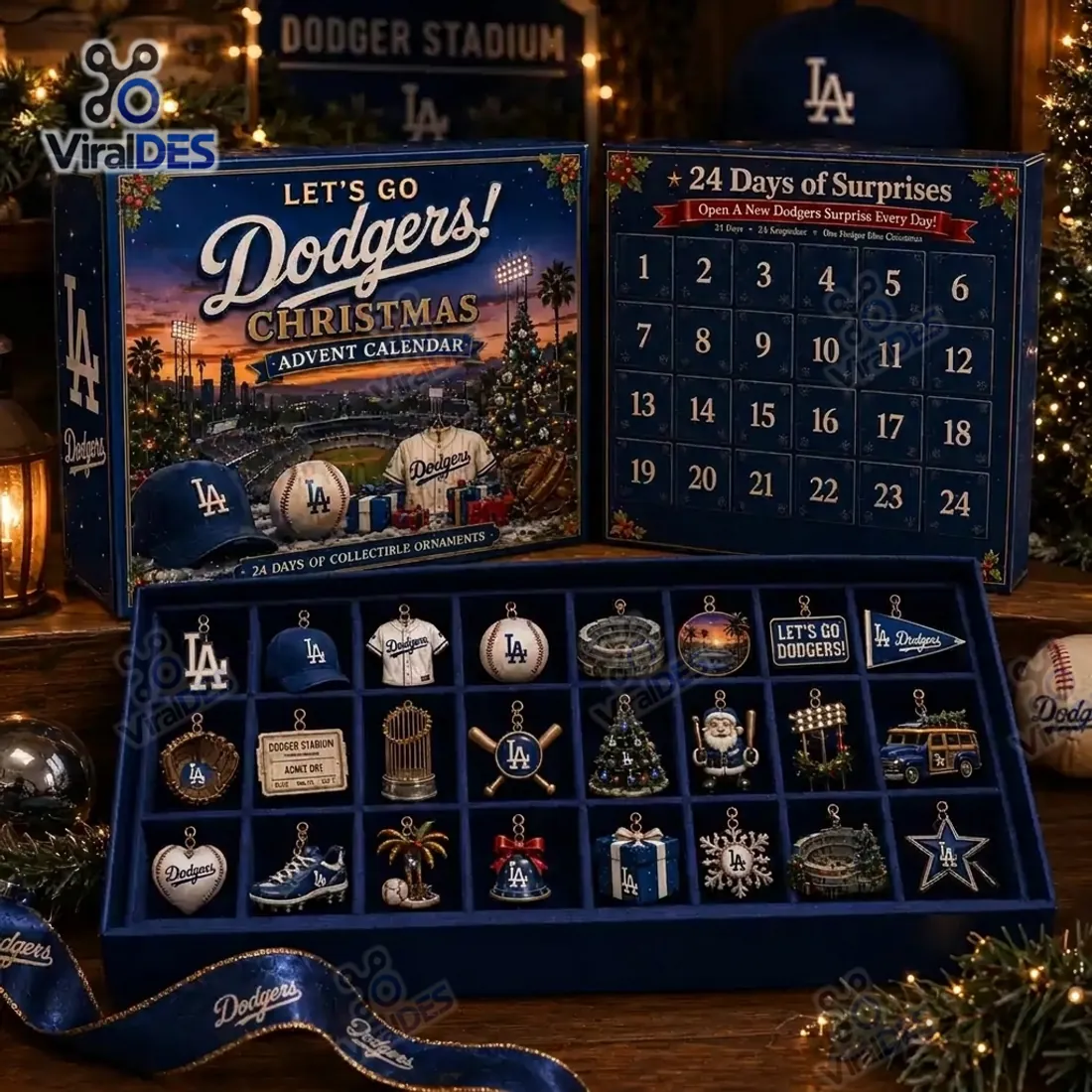 Los Angeles Dodgers Baseball Advent Calendar outer box, 24-door countdown board, and 24-slot royal-blue tray filled with 3D Dodgers hanging ornaments