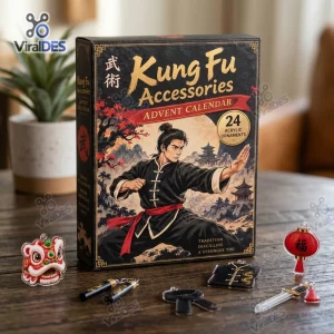 Front view of a Kung Fu Accessories Advent Calendar box with small acrylic ornaments on a wooden table.
