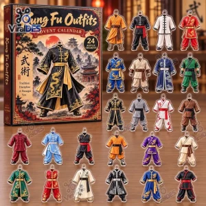 Front view of Kung Fu Outfits Christmas Advent Calendar box with twenty four hanging acrylic ornaments.