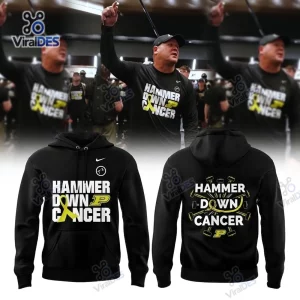 Front and back view of the Purdue Boilermakers Hammer Down Cancer Black Hoodie with yellow and white graphics.