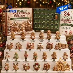 Front view of the Gingerbread Hollow Christmas Countdown Advent Calendar featuring 24 collectible figurines and boxes.
