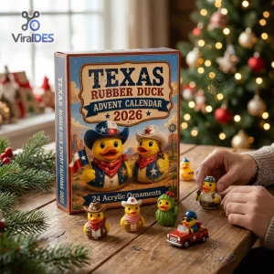 Front view of Texas Cowboy Rubber Duck Advent Calendar 2026 box with small duck figures on a wooden table.