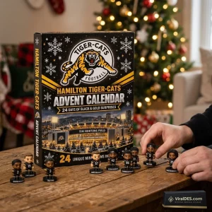 Front view of Hamilton Tiger-Cats 2026 Advent Calendar with mini figures on a wooden table.