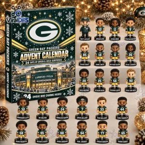 Front view of Green Bay Packers 2026 Advent Calendar packaging with twenty-four minifigures.