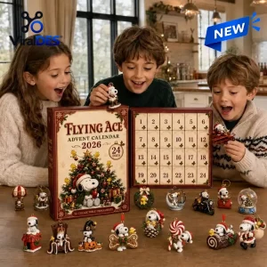 Three children opening a Peanuts Snoopy Flying Ace 2026 Advent Calendar surrounded by small figurines on a table.