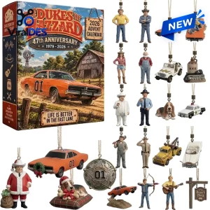 Front view of The Dukes of Hazzard 2026 Advent Calendar packaging and character ornaments.