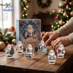 Hands arranging small Santa Claus figurines from an advent calendar on a wooden table.