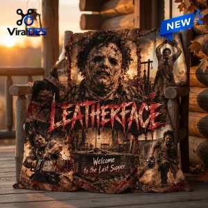 Front view of a Leatherface Horror Movie Sepia Fleece Blanket draped on a wooden rocking chair outdoors.