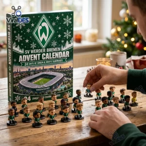 Front view of an SV Werder Bremen 2026 Advent Calendar box on a wooden table with figurine toys.