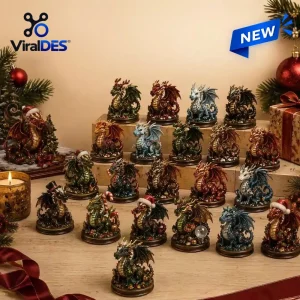 Collection of various miniature dragon figurines from a 24 Days of Dragons Advent Calendar displayed on wooden shelves.