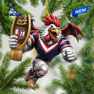 Front view of a Sydney Roosters 2026 Premiers Christmas ornament featuring a rooster mascot holding a trophy.