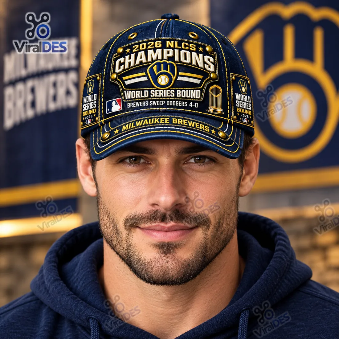 Front worn view of the Milwaukee Brewers 2026 NLCS Champions Cap showing the 4-0 sweep crest, side patches, and curved stitched bill
