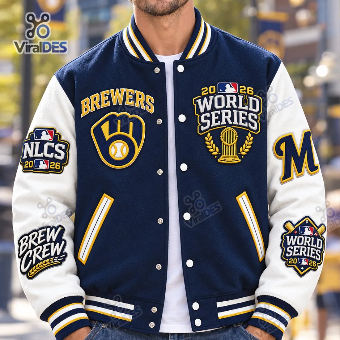 Front view of the Milwaukee Brewers 2026 World Series Baseball Jacket displaying the chest crests, snap buttons, and sleeve patches