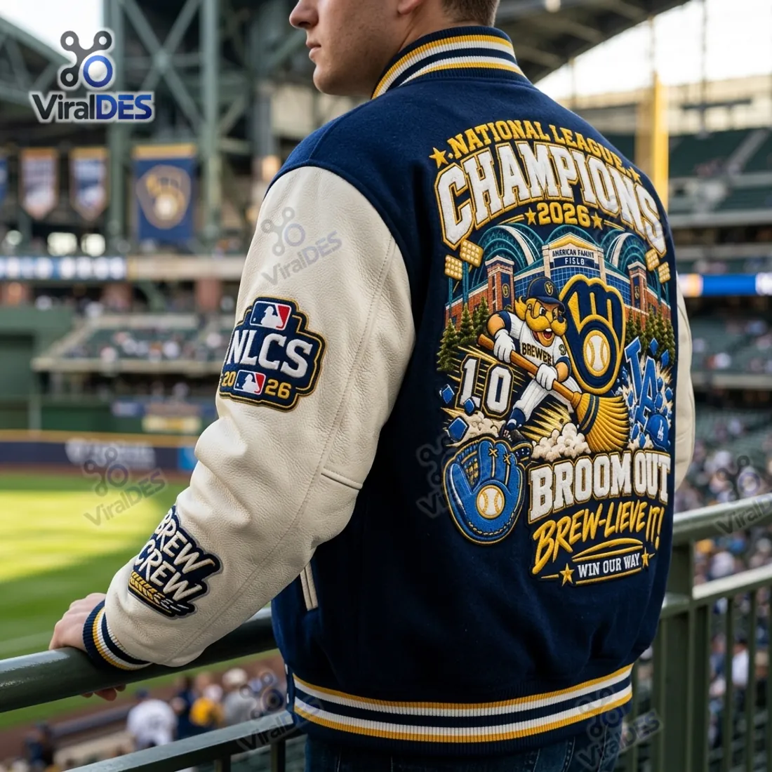 Back view of the Milwaukee Brewers 2026 World Series Baseball Jacket showing Bernie Brewer sweeping 4-0 in front of American Family Field