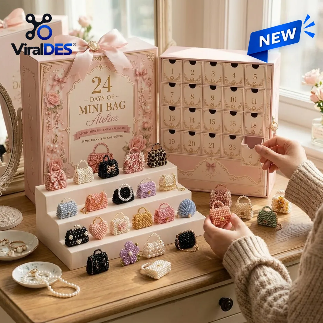 Hand pulling open drawer 4 of the blush-pink 24 Days of Mini Bag Atelier Pearl Advent Calendar on a bedroom vanity beside 24 beaded mini handbags