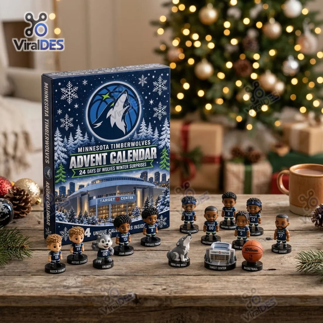 Minnesota Timberwolves 2026 Advent Calendar box on a rustic wood tabletop surrounded by freestanding 3D player figurines, Crunch mascot, howling wolf, and Target Center miniature