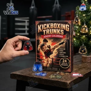 Hand holding miniature black kickboxing shorts ornament beside the kickboxing advent calendar box on a wooden table.