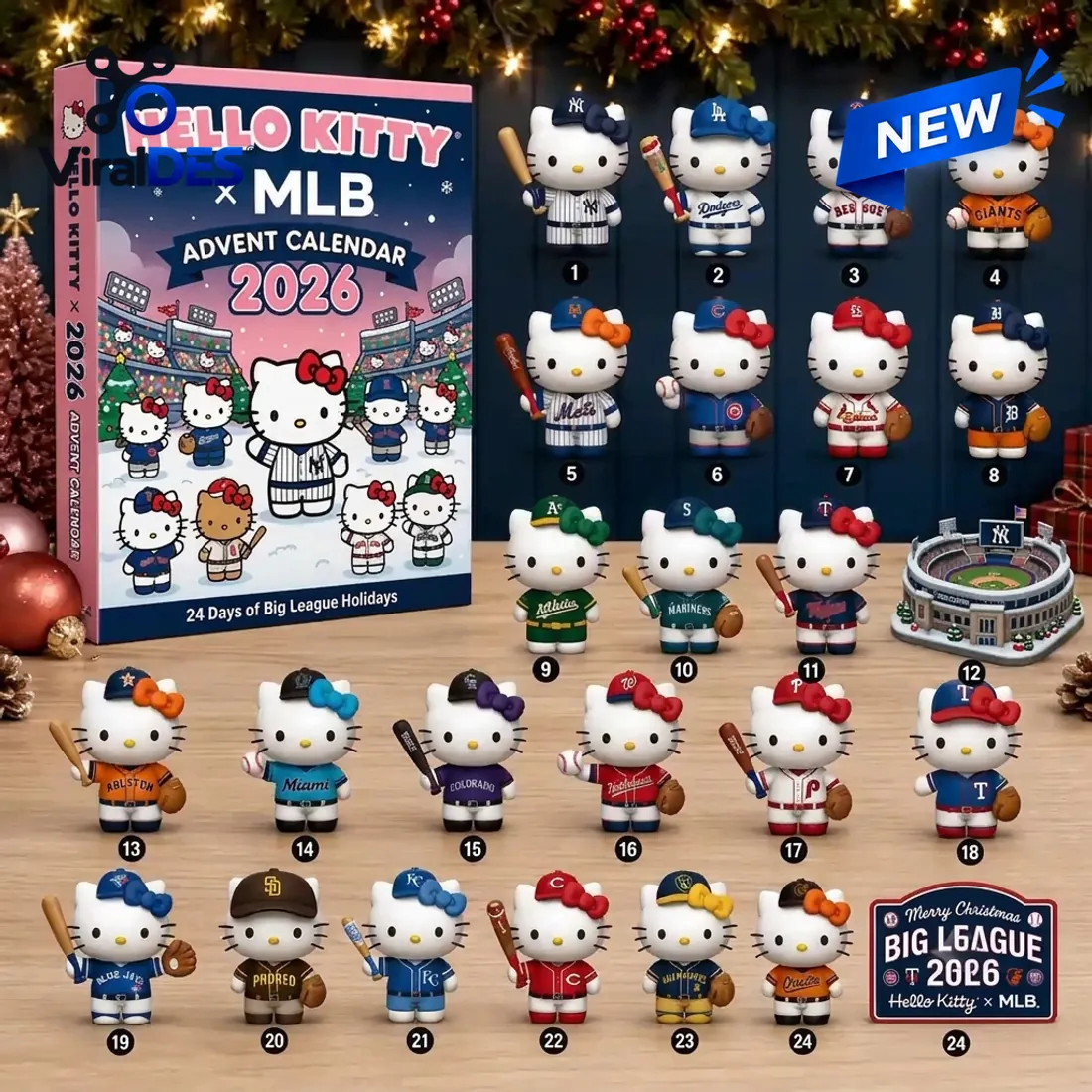 Full 24-piece lineup of the MLB x Hello Kitty 2026 Advent Calendar featuring 22 team-uniformed figurines, a mini stadium, and a Big League 2026 plaque