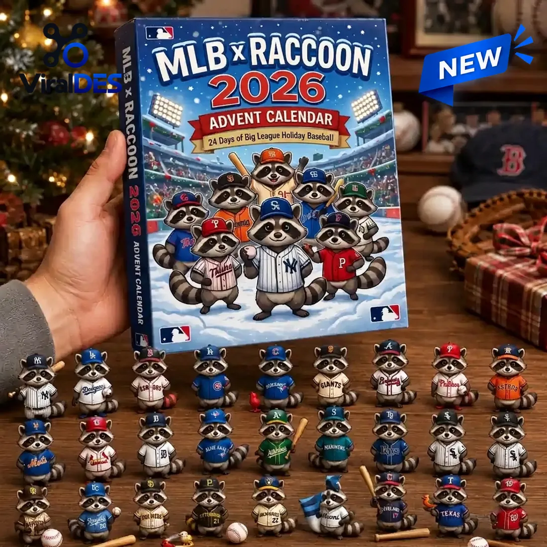 MLB x Raccoon 2026 Advent Calendar box held next to all 24 miniature raccoon baseball figurines arranged on a wooden table