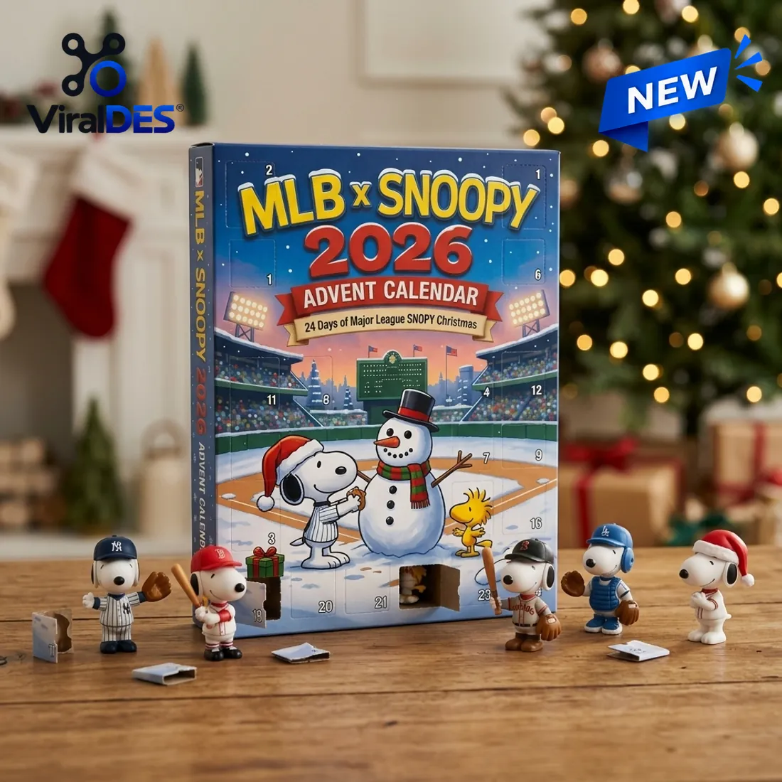MLB x Snoopy 2026 Advent Calendar with opened perforated front doors and freestanding 3D Snoopy baseball figurines on a wooden table