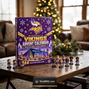 Front view of the Minnesota Vikings 2026 Advent Calendar box on a wooden table with mini figurines.
