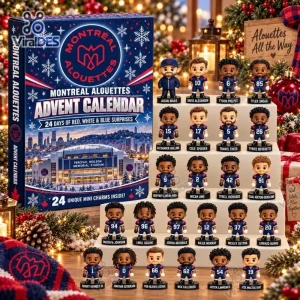 Front view of Montreal Alouettes CFL Advent Calendar packaging with miniature player figures arranged nearby.