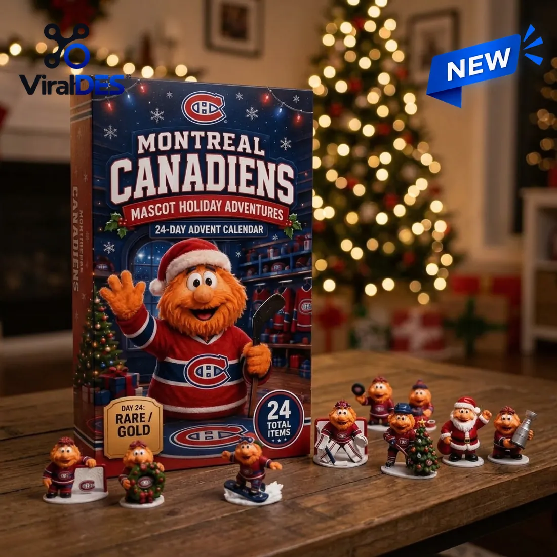 Montreal Canadiens Youppi Mascot Advent Calendar 2026 box displayed on a wooden table alongside miniature 3D Youppi figurines