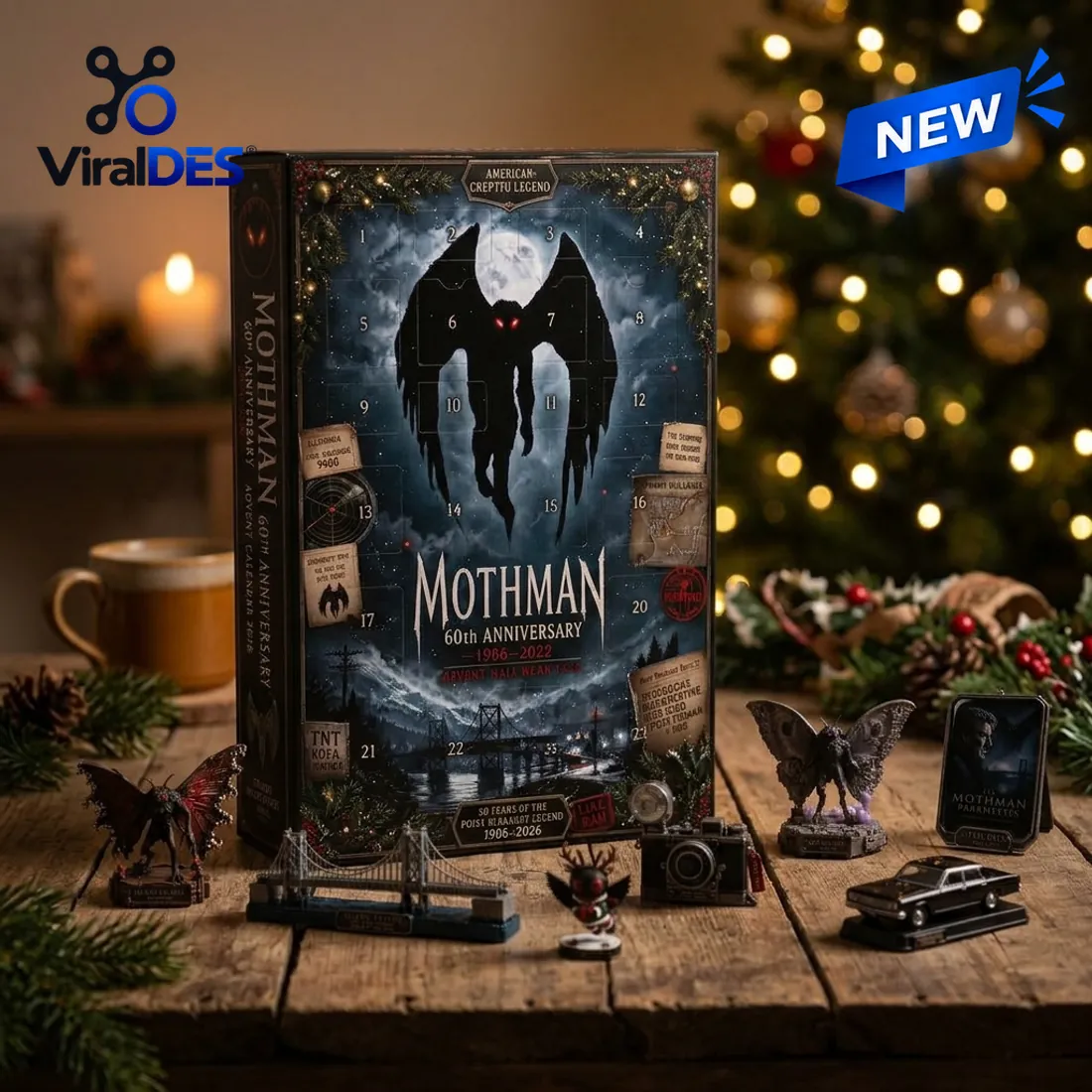 Mothman 60th Anniversary Cryptid Advent Calendar box displayed on a wooden table with Silver Bridge, camera, car, and Mothman figurines
