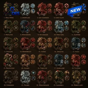 Grid display showing twenty four numbered dragon figurines and coins for the 24 Days of Dragons Advent Calendar.