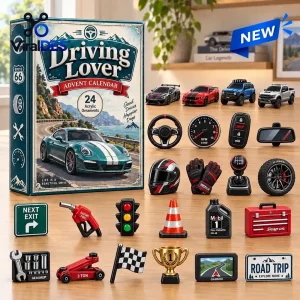 Front view of Driving Lover Advent Calendar box with miniature toy cars and automotive themed ornaments laid out.