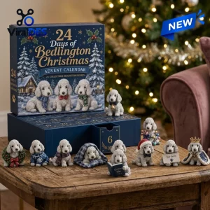 Front view of the Bedlington Terrier Christmas Advent Calendar 2026 with miniature figurines on a wooden table.