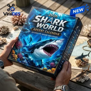 Front view of the 2026 Shark World Advent Calendar held outdoors on a wooden table.