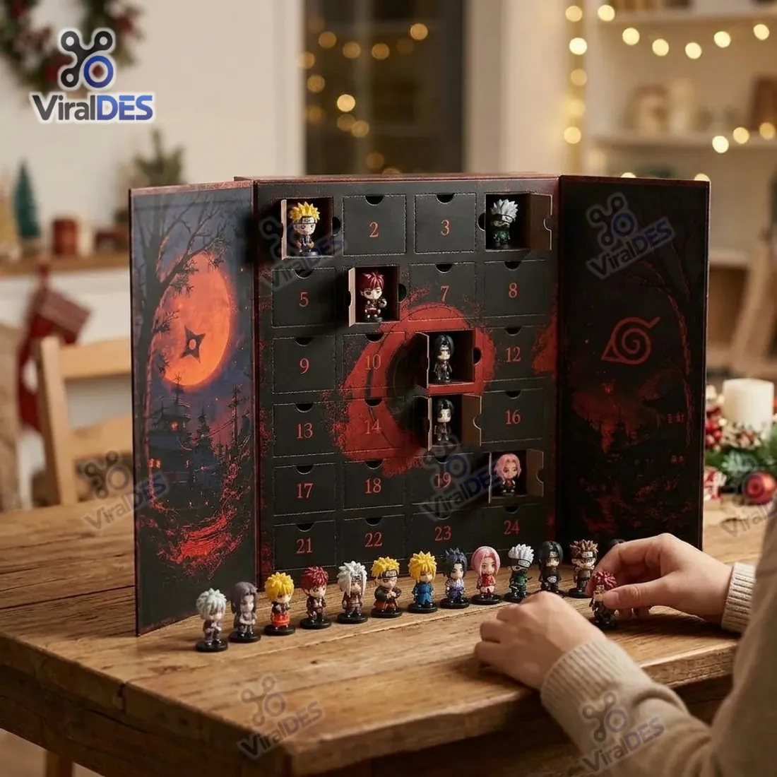 Naruto Advent Calendar 2026 trifold cabinet open on a wooden table with freestanding chibi shinobi figurines