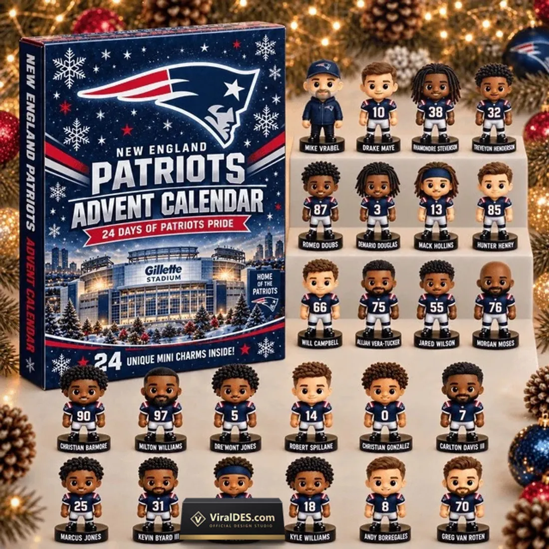 New England Patriots Advent Calendar 2026 full 24-piece miniature player and coach figurine lineup alongside the Gillette Stadium countdown box