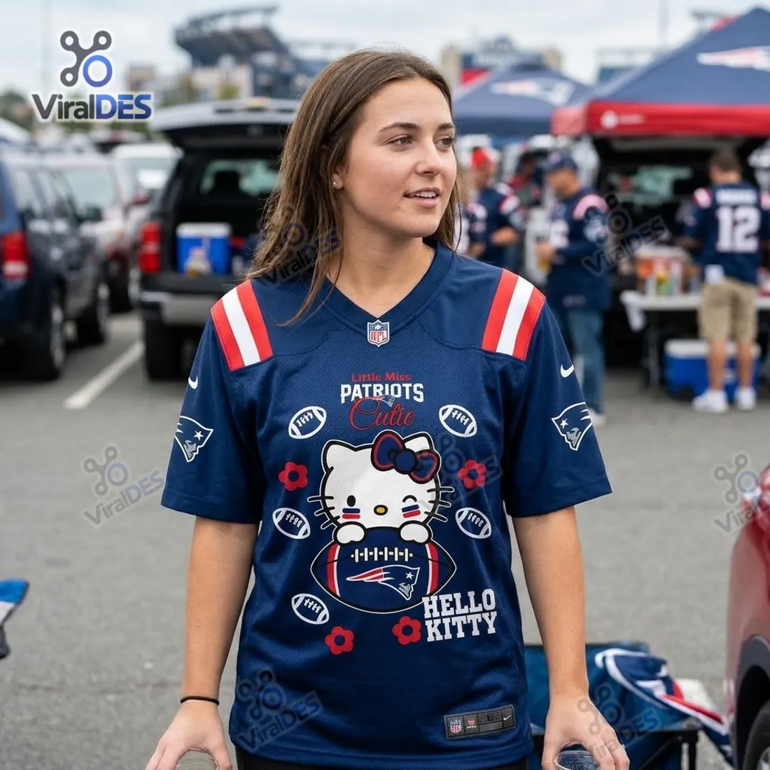 New England Patriots Hello Kitty Personalized Football Jersey worn at a stadium tailgate with Little Miss Patriots Cutie chest graphic