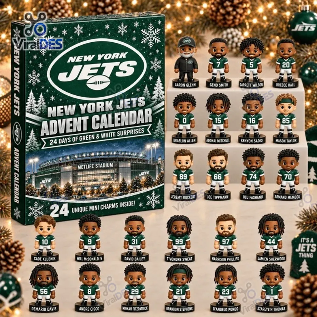 Full 24-piece lineup of freestanding 3D New York Jets miniature player and coach figurines on labeled black circular bases next to the MetLife Stadium box