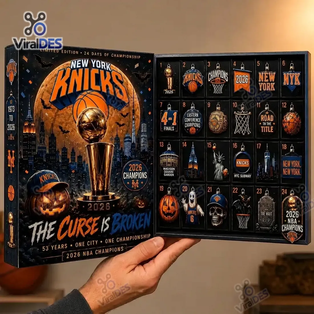New York Knicks 2026 Championship Advent Calendar open with 24 numbered compartments and hanging ornaments